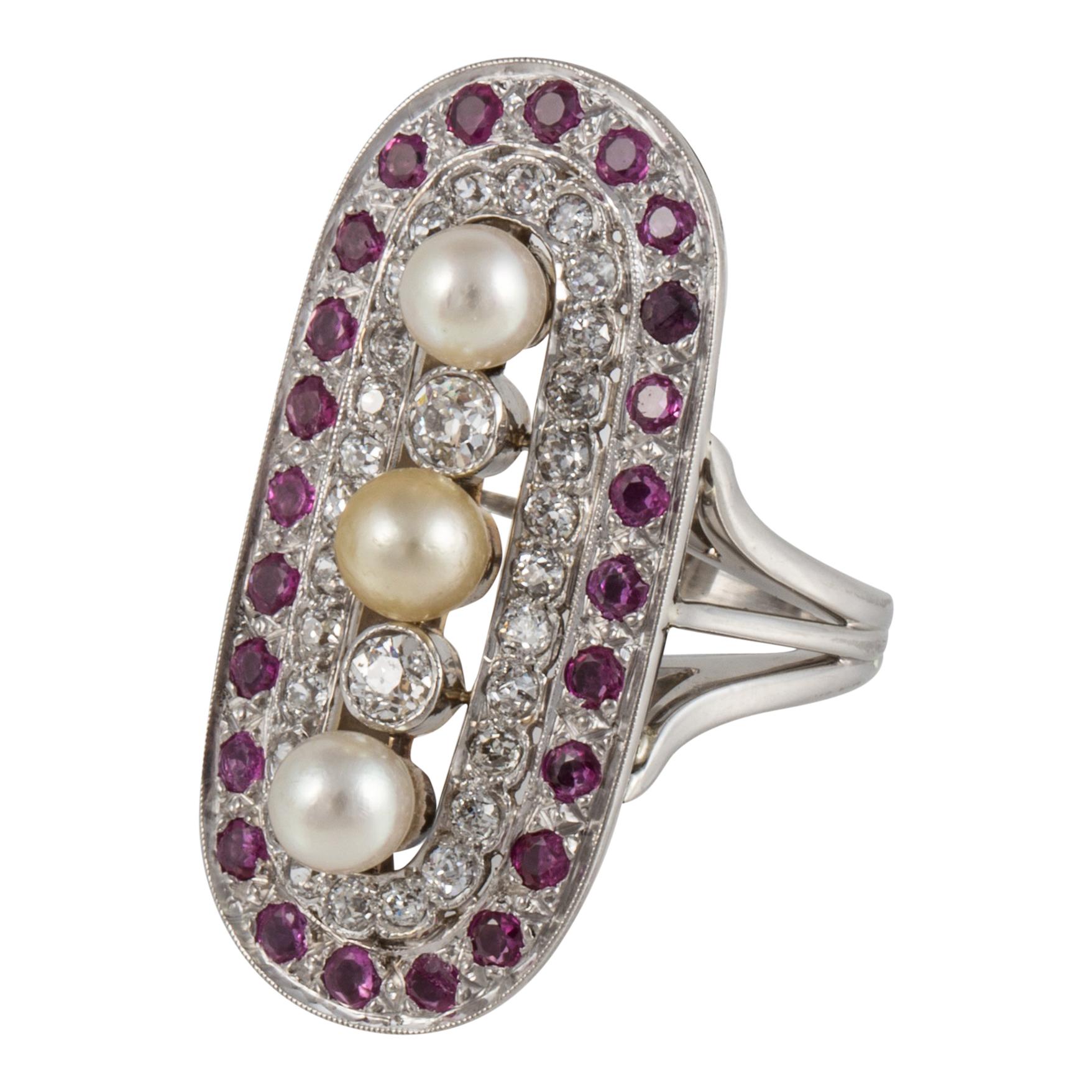 Platinum Cultured Pearl Ruby and Diamond Ring