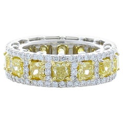 4.78 Carat Total Cushion Cut Natural Fancy Yellow Diamond Two Tone Ring In 18K