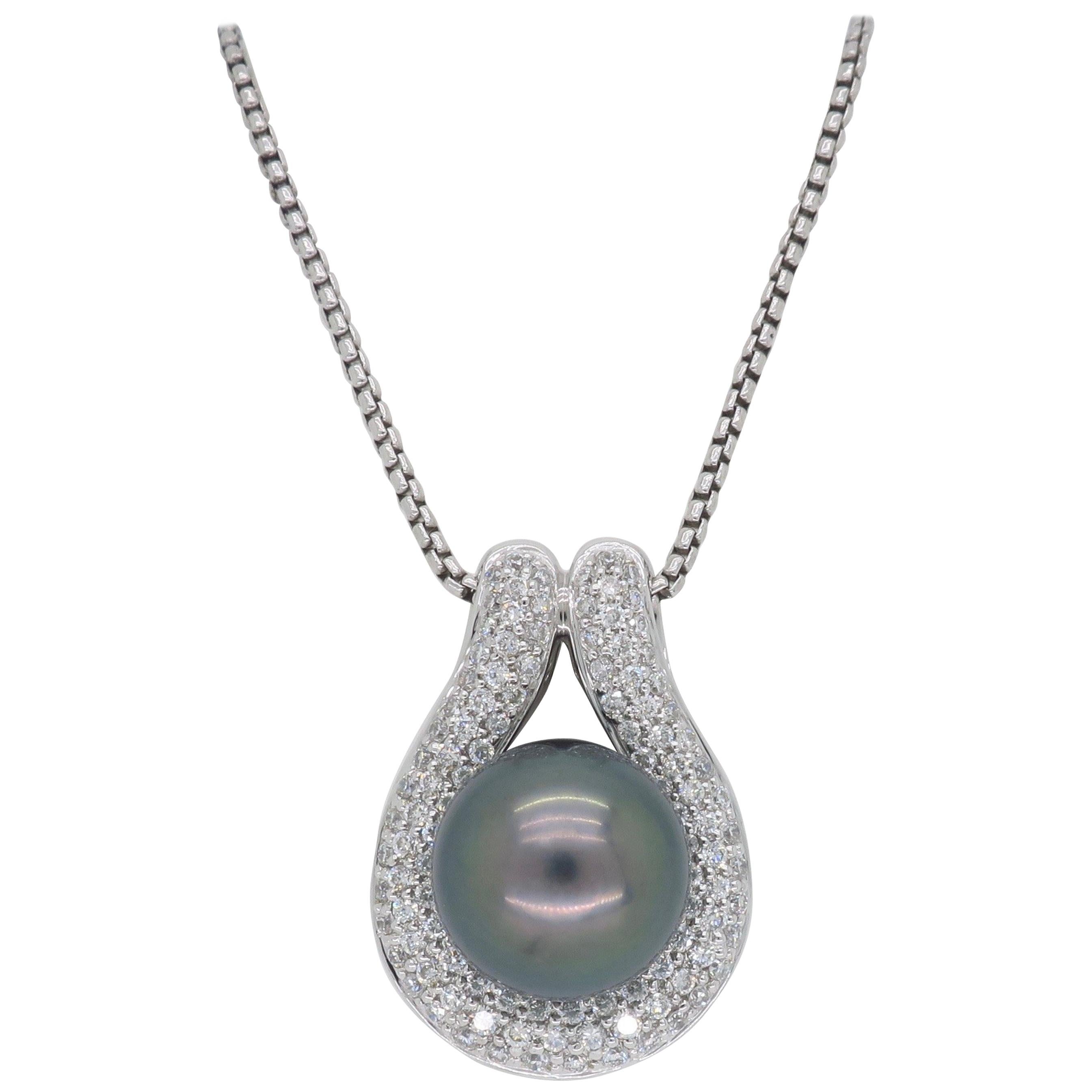 Black Tahitian Pearl and Diamond Pendant Necklace