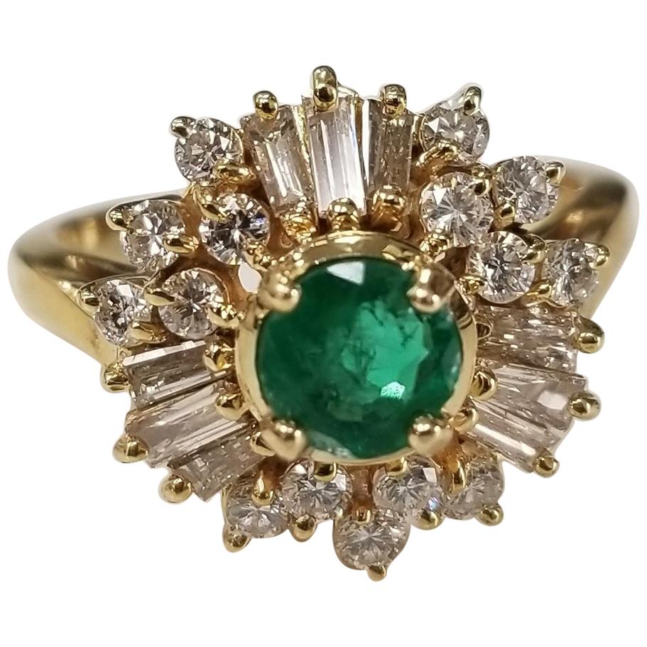 14 Karat Yellow Gold Emerald and Diamond Cluster Ring For Sale