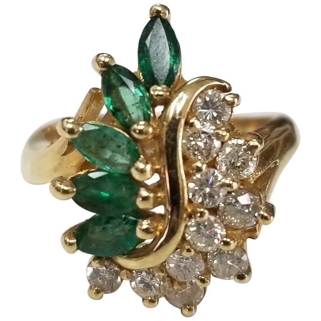 14 Karat Yellow Gold Emerald and Diamond Cluster Ring