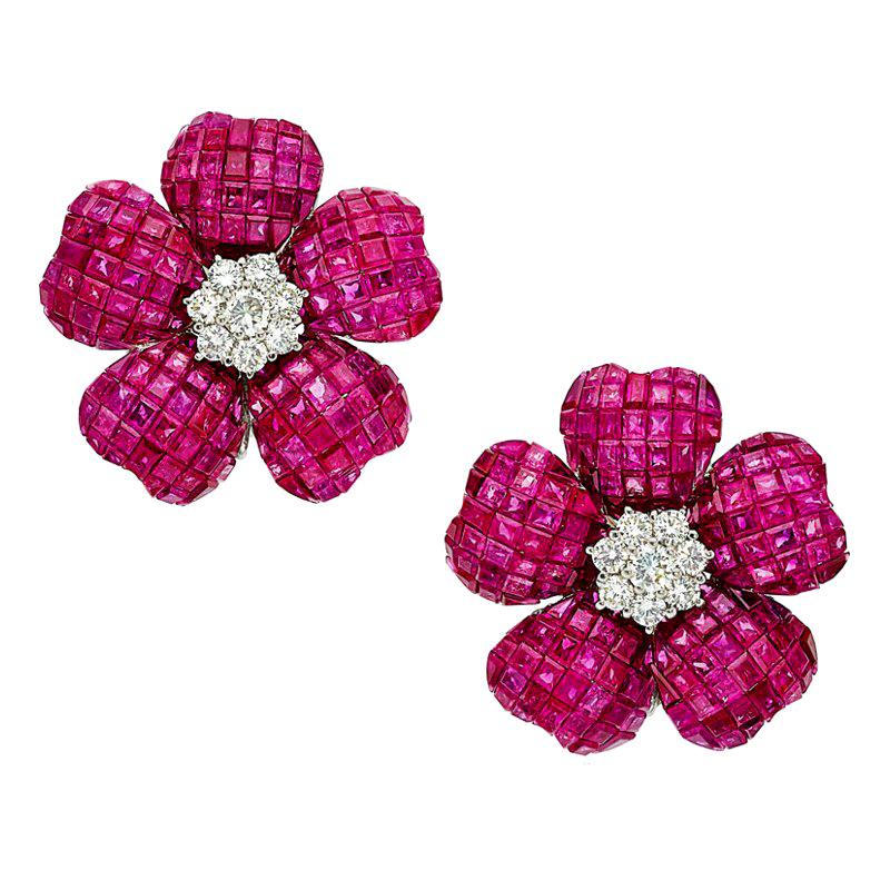 Ruby Diamond Gold Flower Ear-Clip Earrings