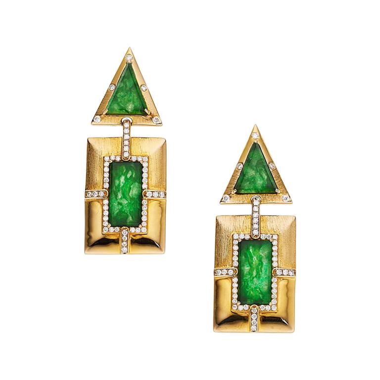 Estate Jadeite Jade Diamond Gold Drop Earrings