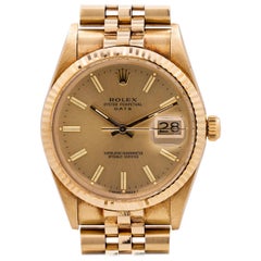 Vintage Rolex Oyster Perpetual Date Ref 15037 14 Karat Yellow Gold, circa 1986