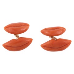 Pair of Carved Corallium Rubrum Cameo Lip Motif Cufflinks