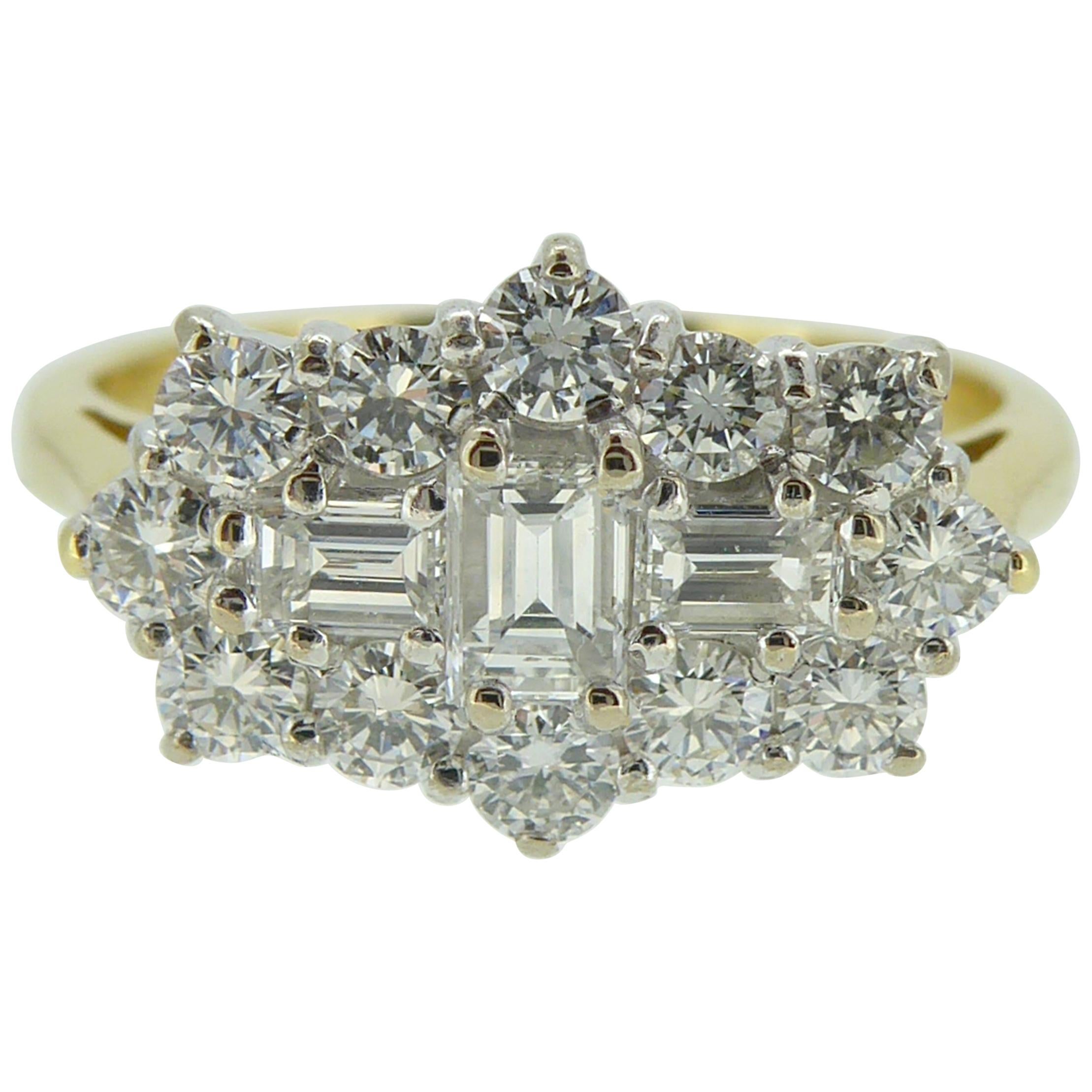 1.0 Carat Diamond Cluster Ring, Baguette and Brilliant Cut, Boat Shape Style
