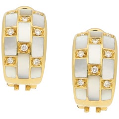 Italian Mother of Pearl and Diamond Hoop Earrings in Yellow Gold