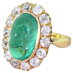 Antique Art Deco 6.43 Colombian Cabochon Emerald and Diamond Coronet Cluster Ring