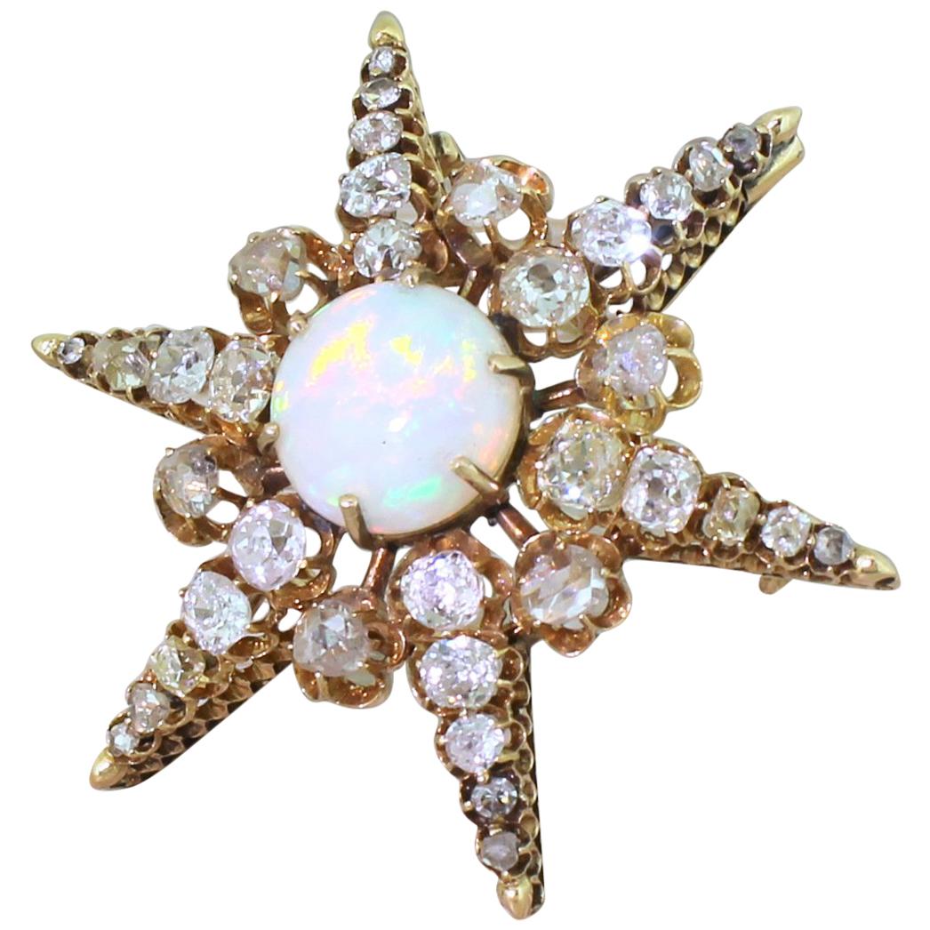 Victorian Opal, Old Cut Diamond and Rose Cut Diamond Star Brooch For Sale