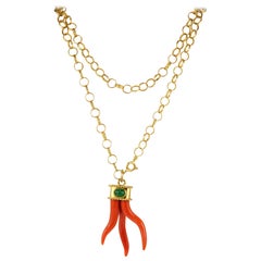 Magnificent Signed Vintage Coral Cornetto Emerald Pendant with Long Chain