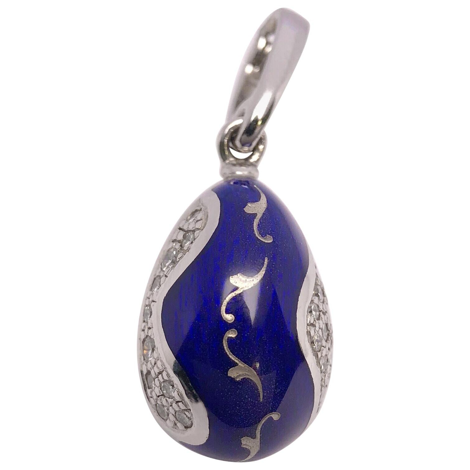 Modern Faberge 18KT Gold, Blue Enamel.25Ct Diamond Egg Pendant with Certificate For Sale