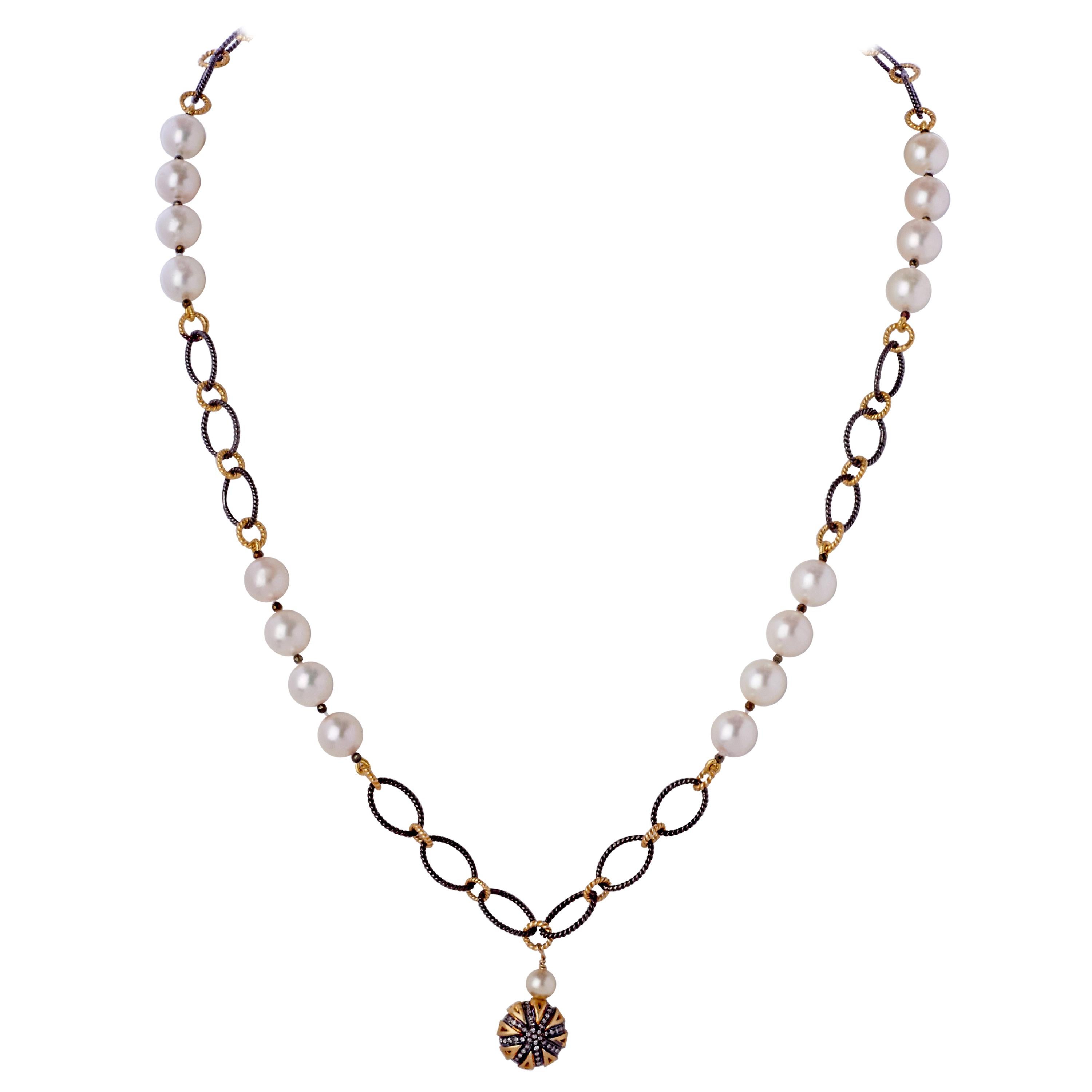 Diamond Sterling Puff Charm Pendant Necklace w Pearl & Silver Chain