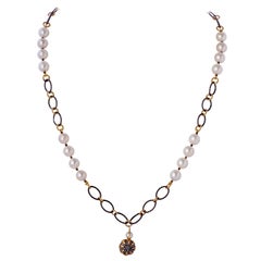 Diamond Sterling Puff Charm Pendant Necklace w Pearl & Silver Chain