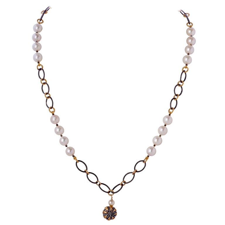 Vermeil and Diamond Charm Pendant Necklace, Akoya Pearls and Sterling