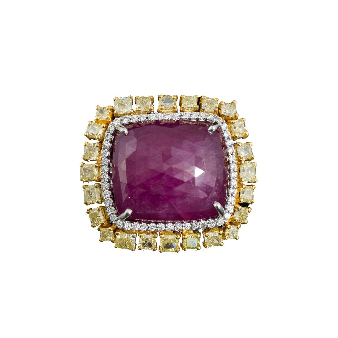 18K Gold, 34.82 Natural Mozambique Ruby and Yellow Diamonds Cocktail Ring