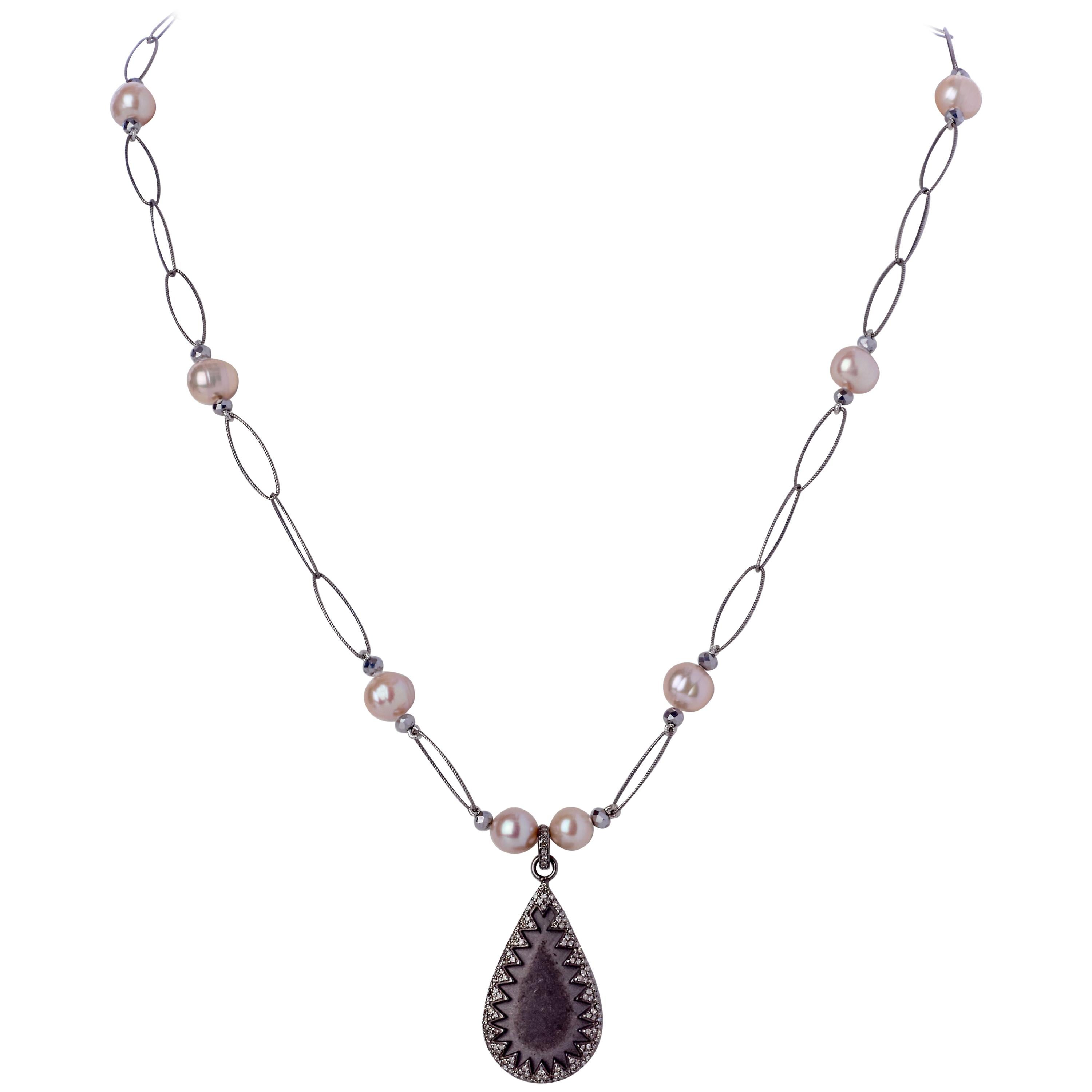 Tear Drop Pendant w Diamonds on Fine Sterling Silver Oval Chain w Blush Pearls  For Sale