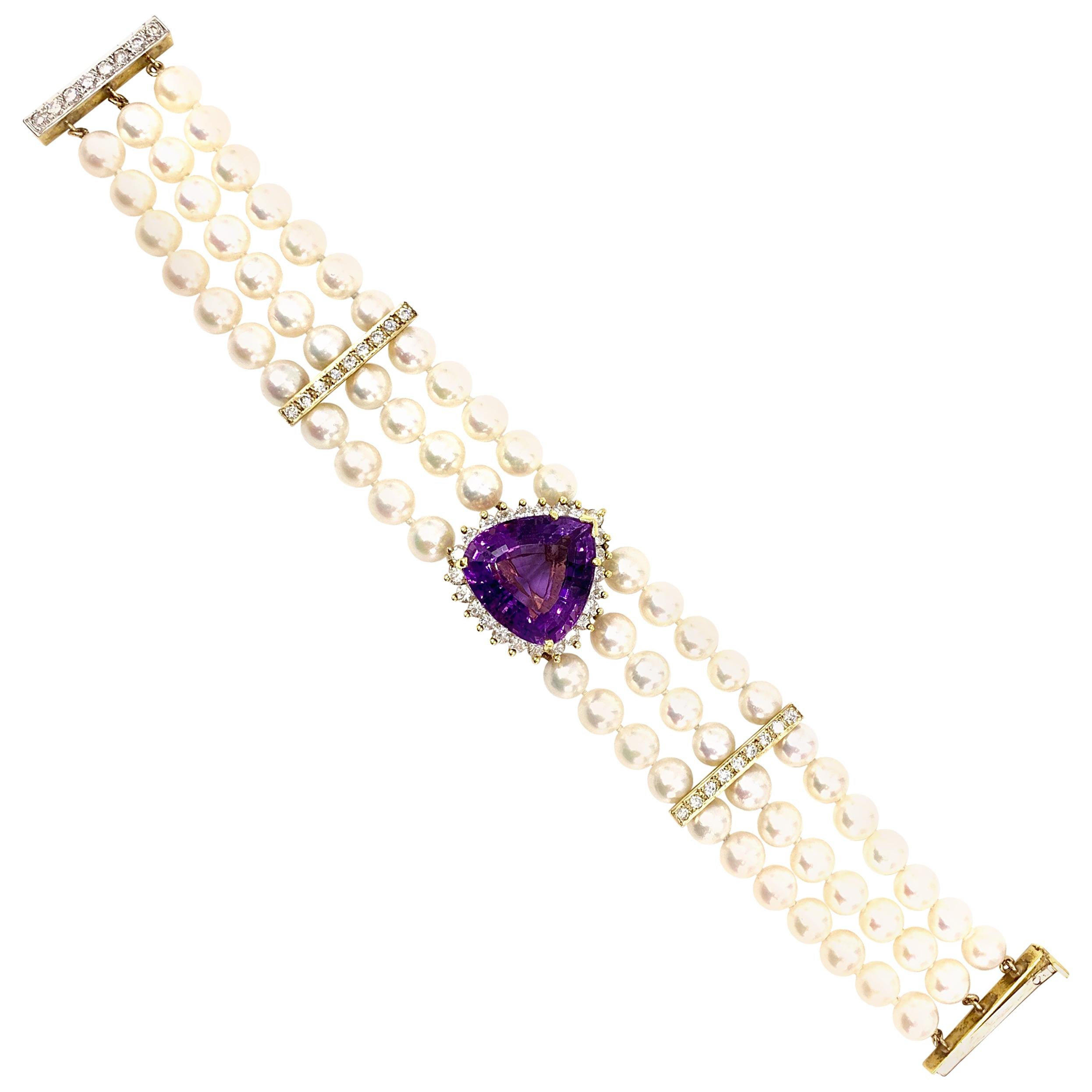 18 Karat Three-Strand Pearl Bracelet with Amethyst and Diamond Center For Sale