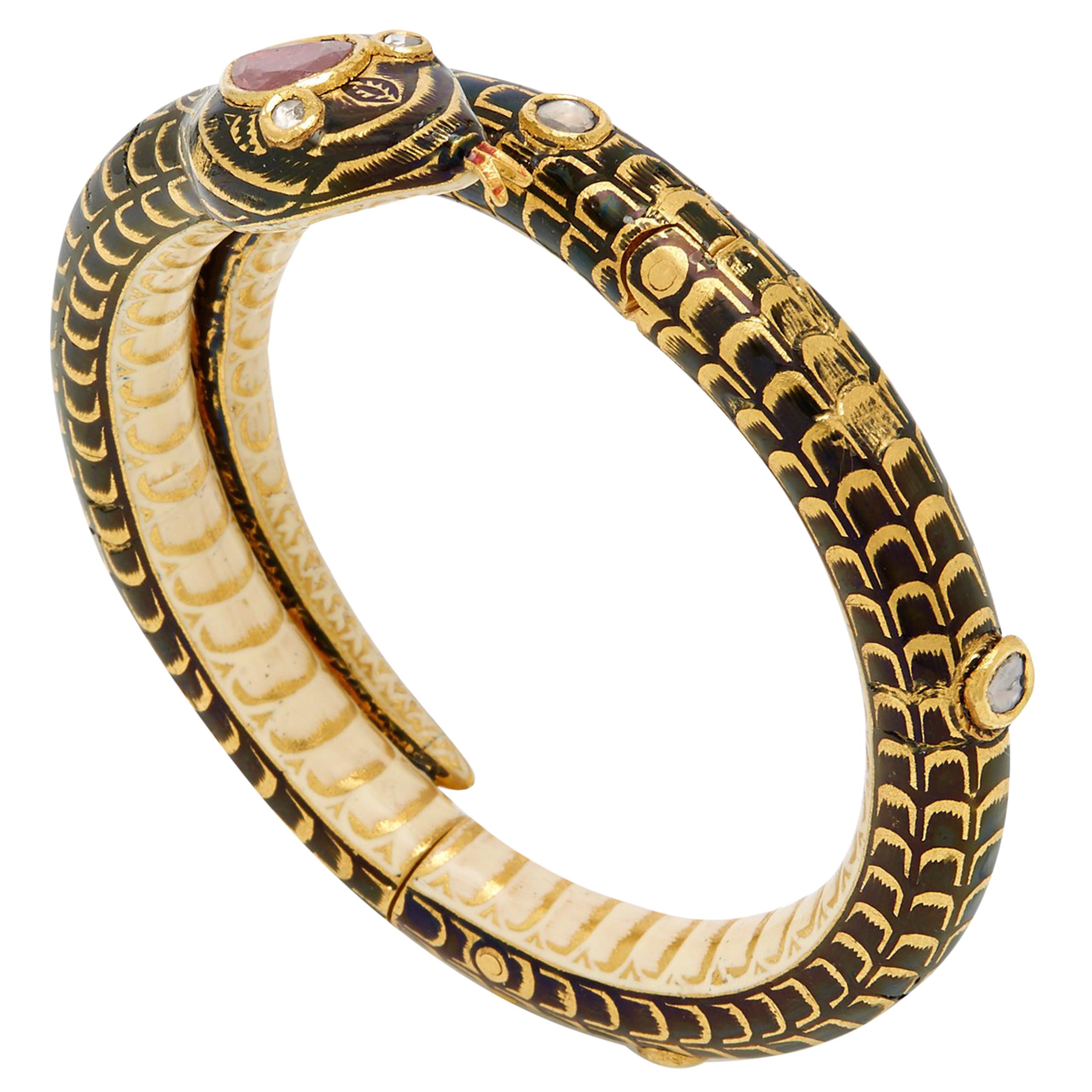 Bracelet ancien en forme de serpent en or et diamants avec spinelle