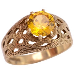 Vintage 19780s Chunky Citrine Solitaire Ring 9 Karat Gold Hallmark Dated 1974