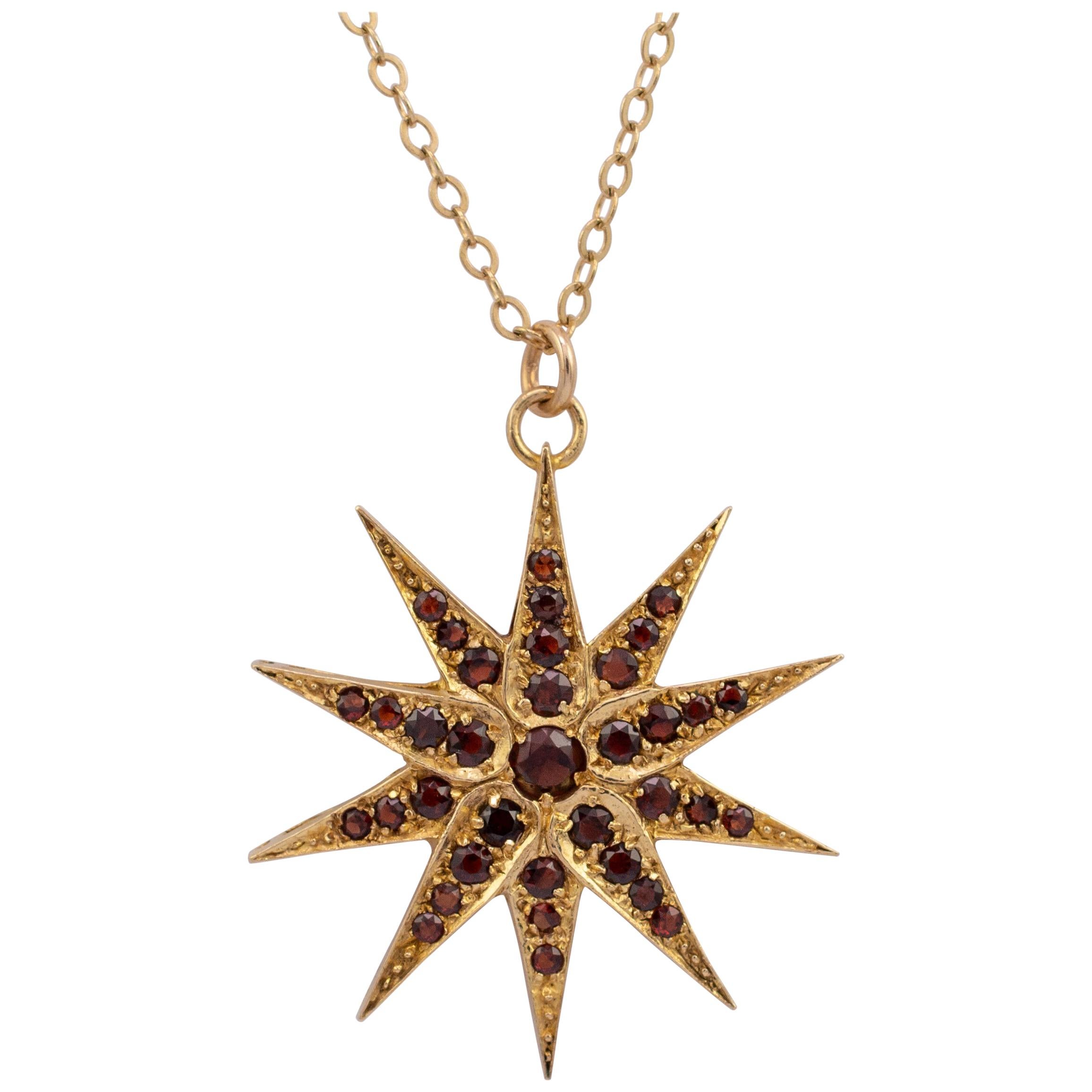Vintage Red Garnet Starburst Pendant Necklace Hallmarked London 1972 For Sale