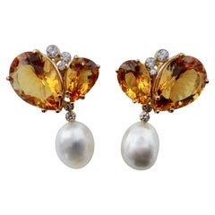 Michael Kneebone Citrine Diamond Baroque South Seas Pearl Dangle Earrings