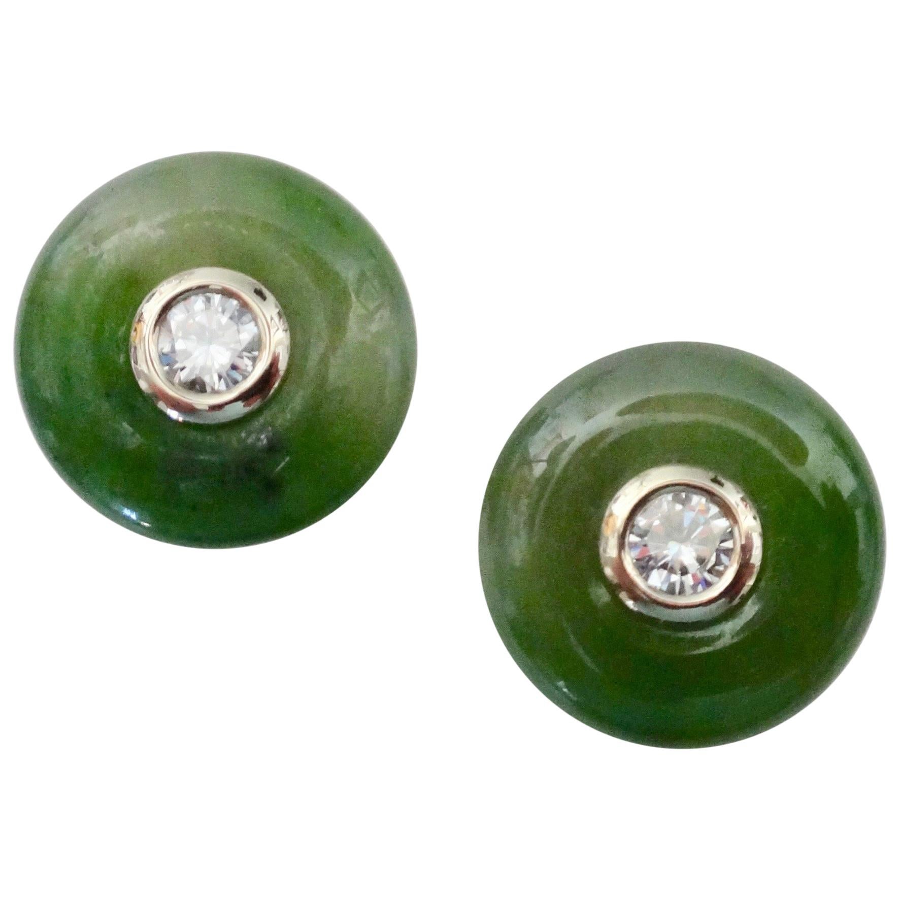 Michael Kneebone Green Jadeite White Diamond Stud Earrings