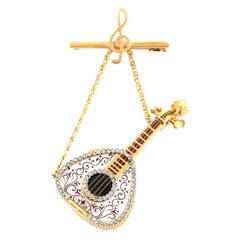 Vintage 18 Karat Gold Enamel and Diamond Mandolin Pendant Watch Brooch G. Ferrero
