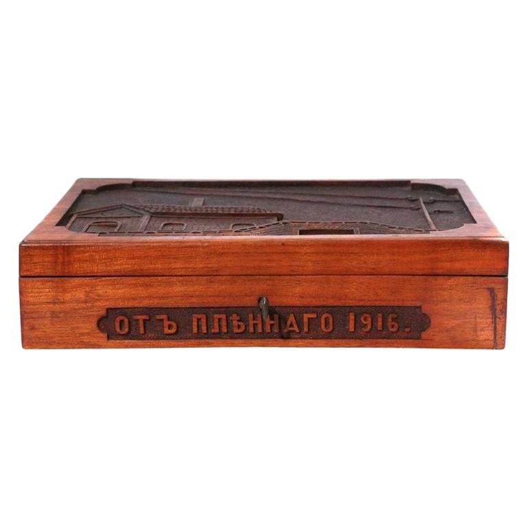 WWI Carved Russian Wood Box Dated 1916