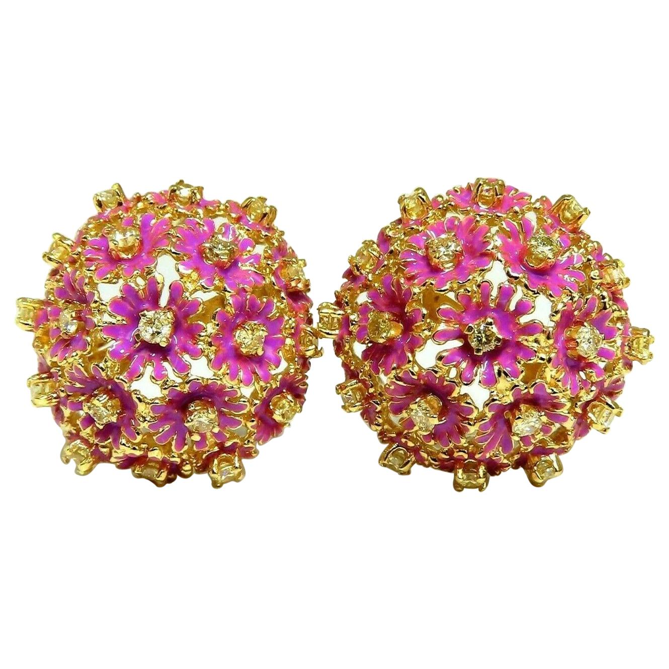 1.52ct Natural Fancy Yellow Diamonds Floral Dome Cluster Clip Earrings 14 Karat For Sale