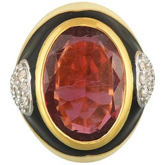 Set in 18K gold, Art Deco Tourmaline, Diamonds and French Enamel Cocktail Ring