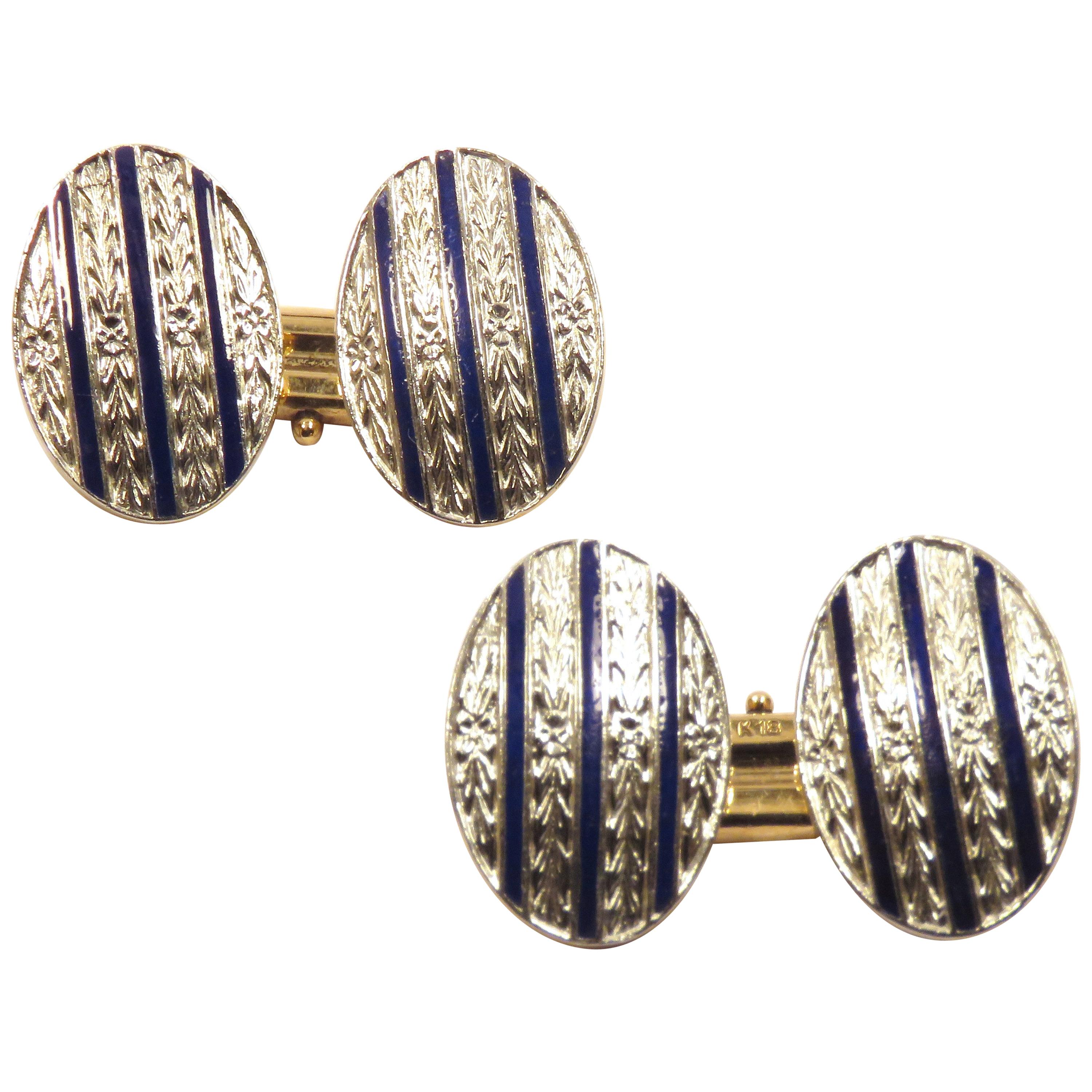  Antique Navy Enamel Engraved 18K Gold Cufflinks