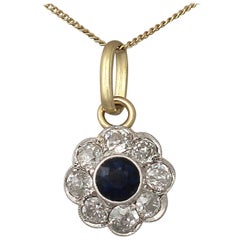 Antique Sapphire Diamond Gold and Platinum Set Cluster Pendant