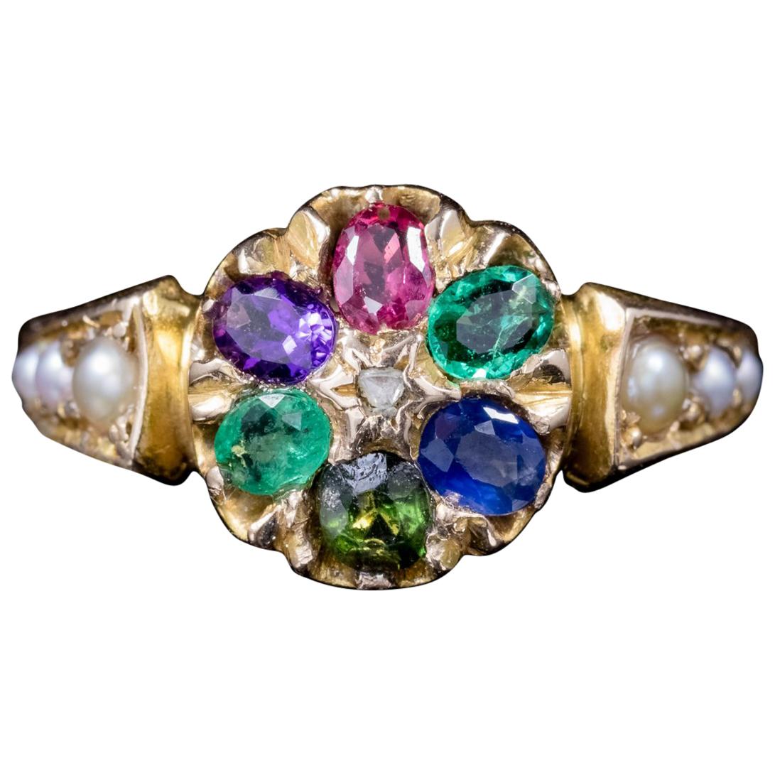 Antique Victorian Gemstone Dearest Ring 15 Carat Gold, Dated 1874