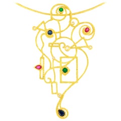 Sacchi Ruby Emerald Shapphire Gemstones 18 Karat Yellow Gold Necklace