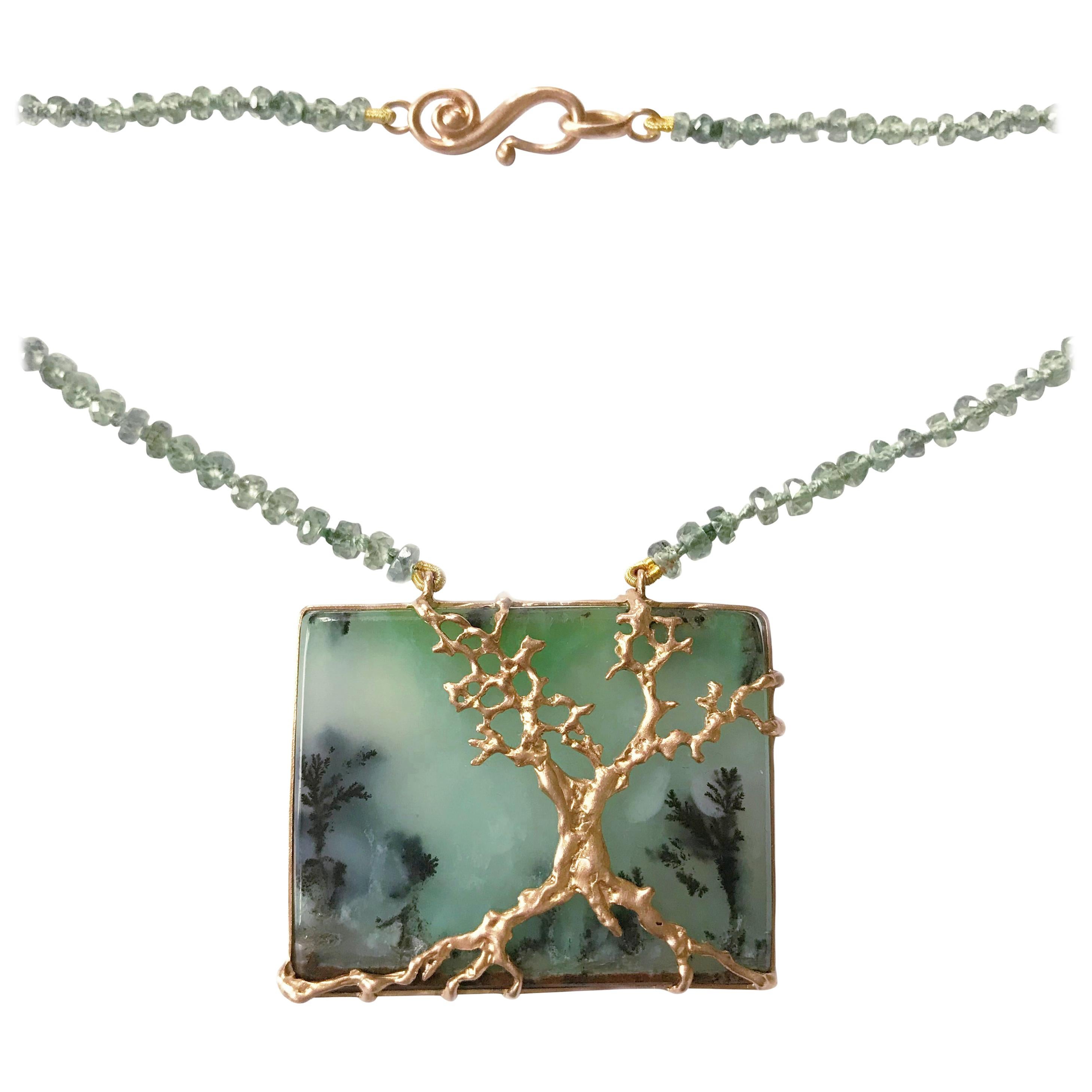 Dalben Dendritic Chrysoprase Green Sapphire and Rose Gold Necklace For Sale