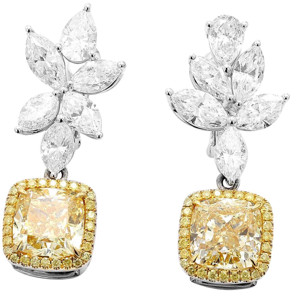 GIA Certified 10.99 Carat Fancy Yellow White Cushion Diamond Gold Earrings For Sale