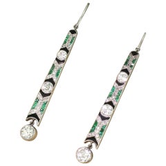 Art Deco Old Cut Diamond, Emerald and Onyx Platinum Drop Earrings
