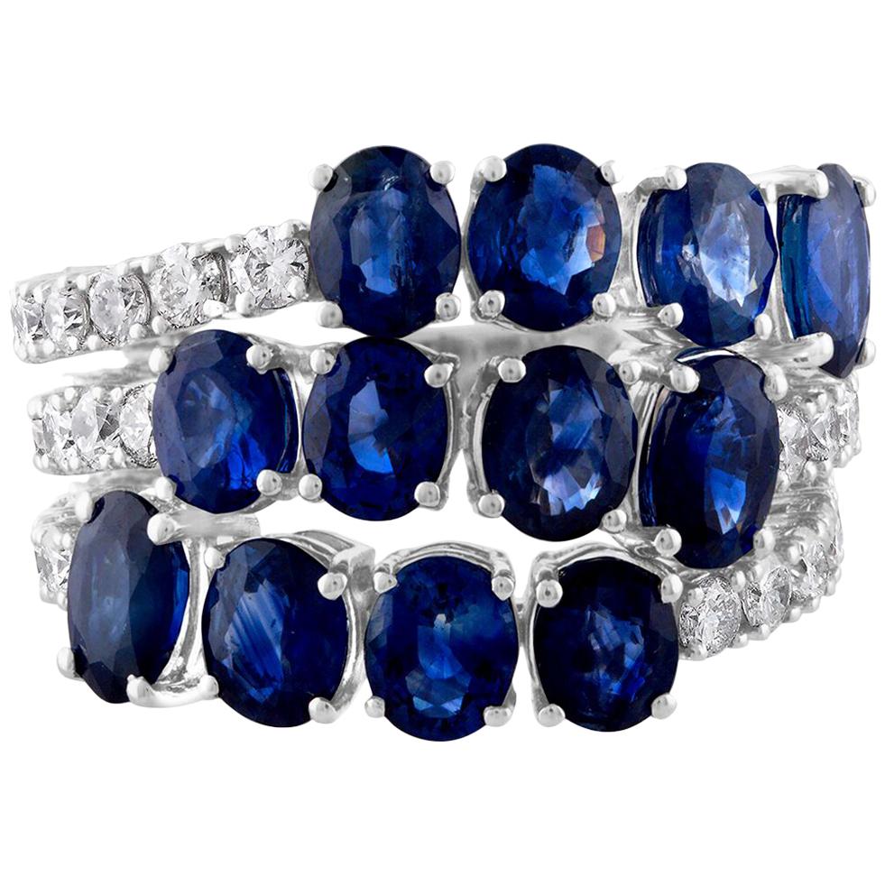 RUCHI Blue Sapphire & Brilliant Diamond White Gold 3-Row Flexible Ring For Sale