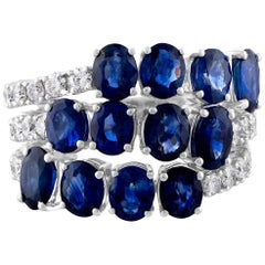 RUCHI Blue Sapphire & Brilliant Diamond White Gold 3-Row Flexible Ring