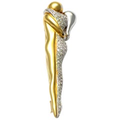 100% Authentic Erte Solid 18K Two-Tone Gold Man & Woman Diamond Pin/Pendant