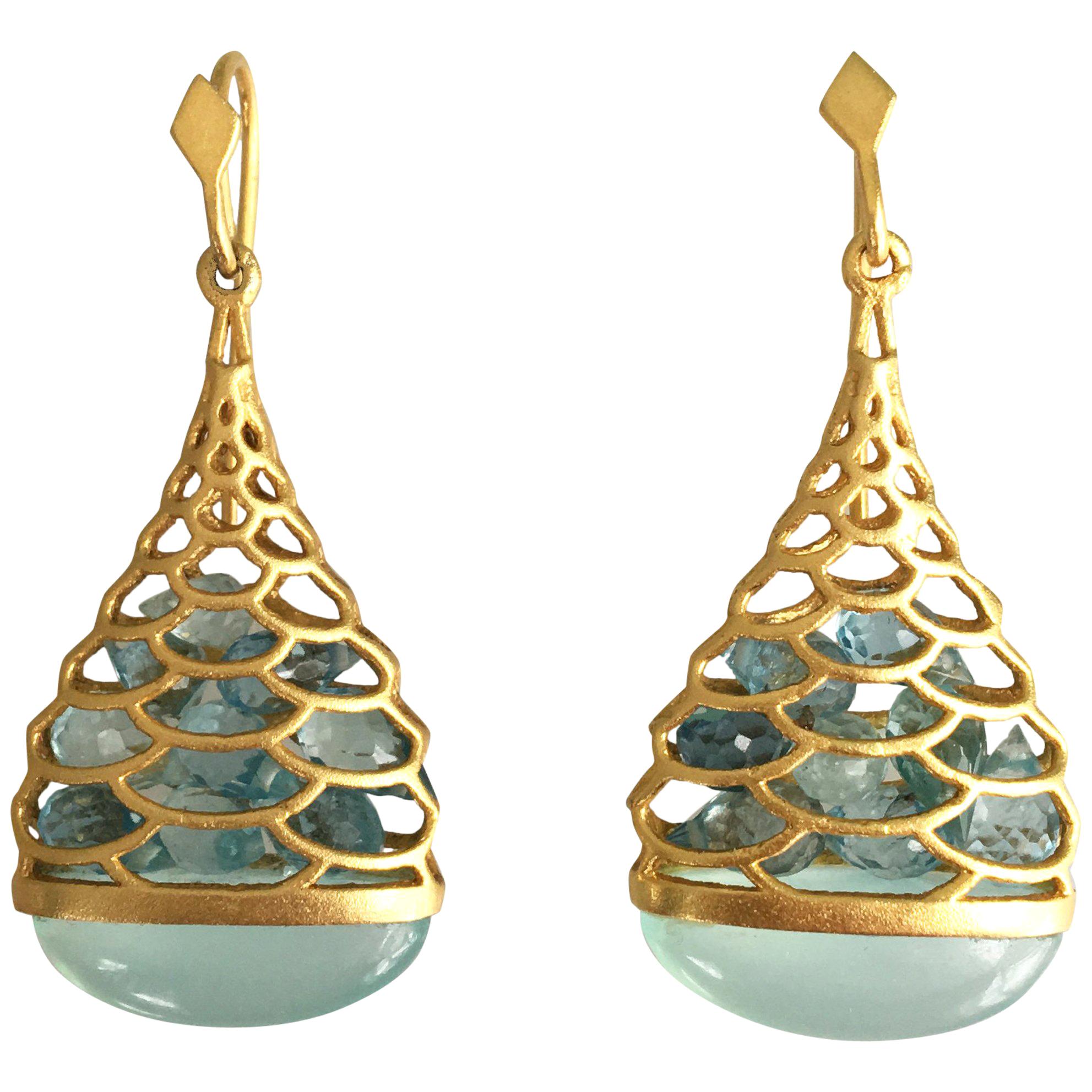 Aquamarine Chalcedony Gold Drop Earrings by Lauren Harper 