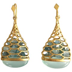 Aquamarine Chalcedony Gold Drop Earrings by Lauren Harper 