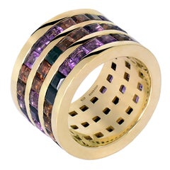 18ct Yellow Gold, Garnet, Amethyst and Black Sapphire Channel-Set Cocktail Ring