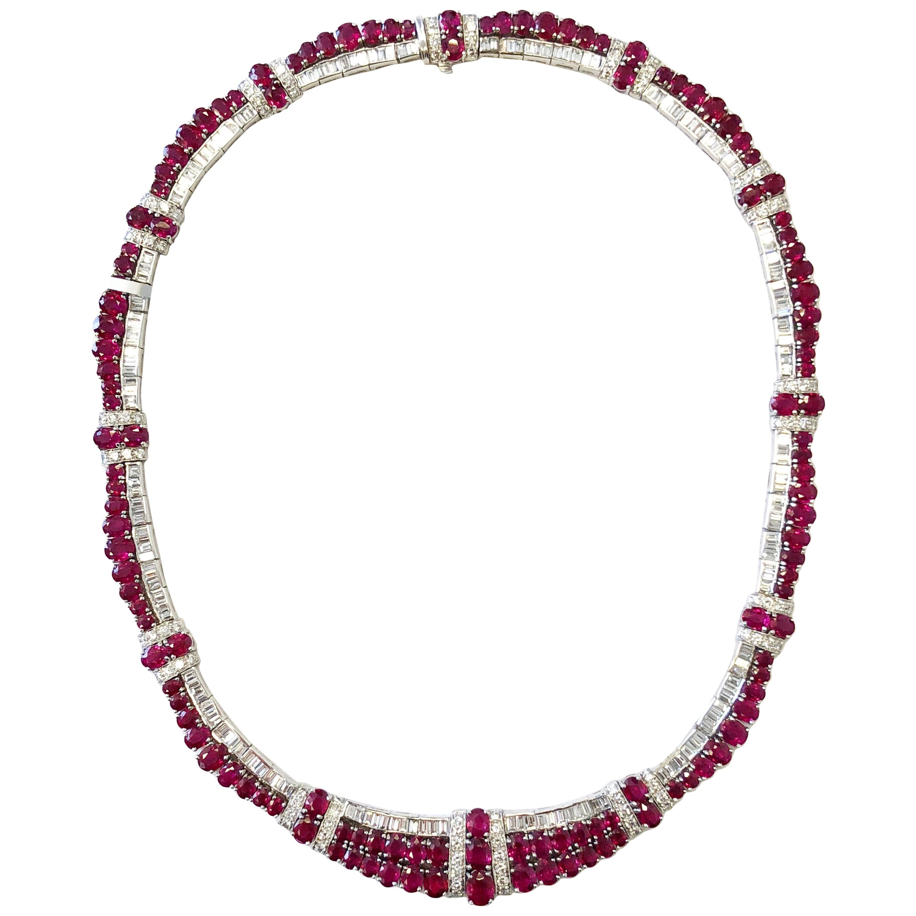Ruby Oval and Diamond Baguette and Round Necklace in 18 Karat White Gold