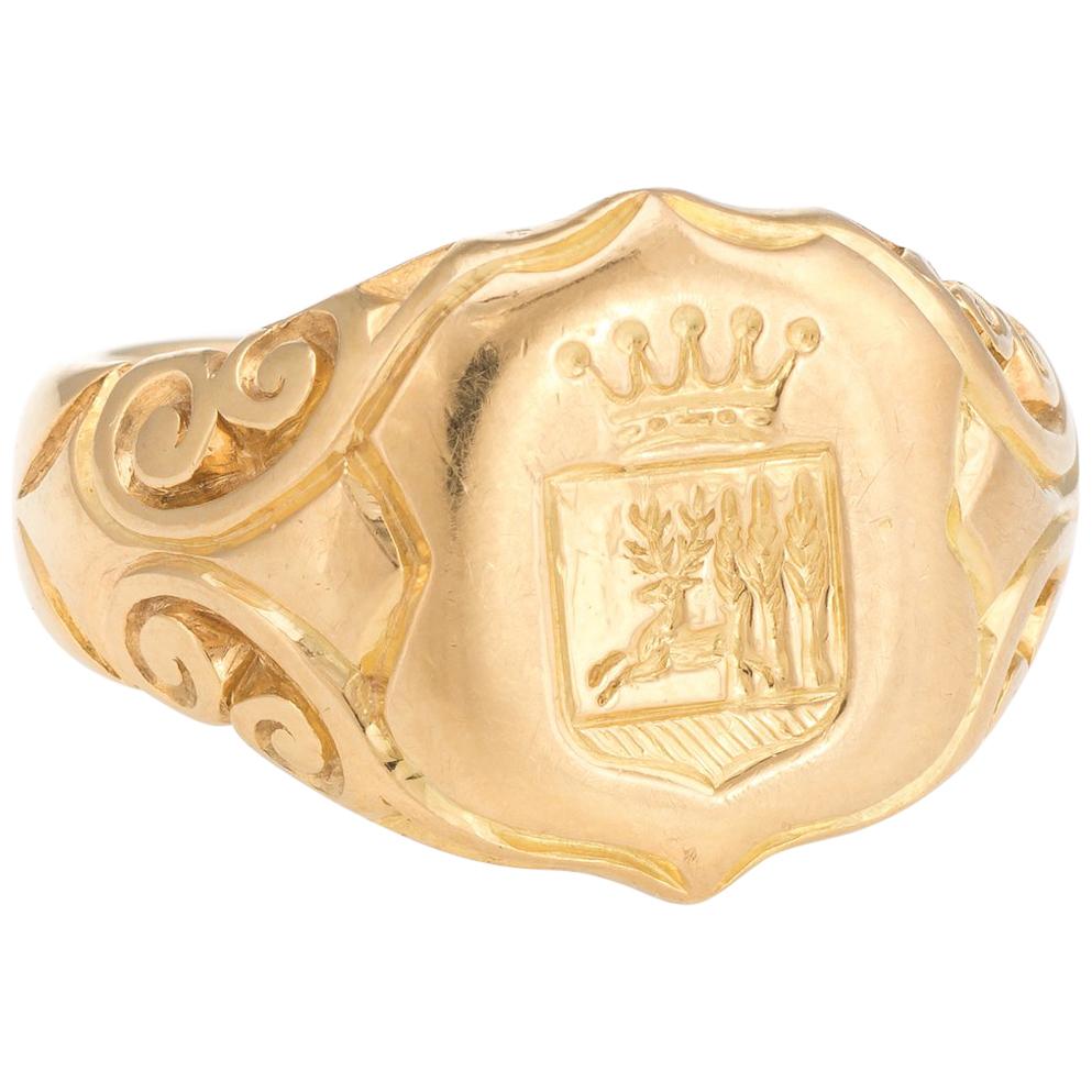 Antique Victorian Family Crest Signet Ring 18K Yellow Gold Vintage Men’s Jewelry