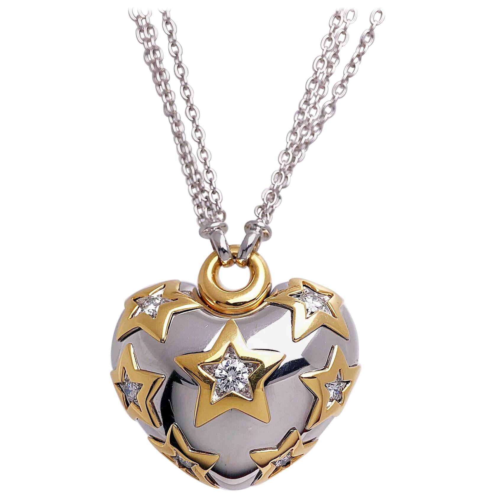 Carlo Barberis 18 Karat Gold, Puffed Heart with .93 Carat Diamond Stars Pendant For Sale