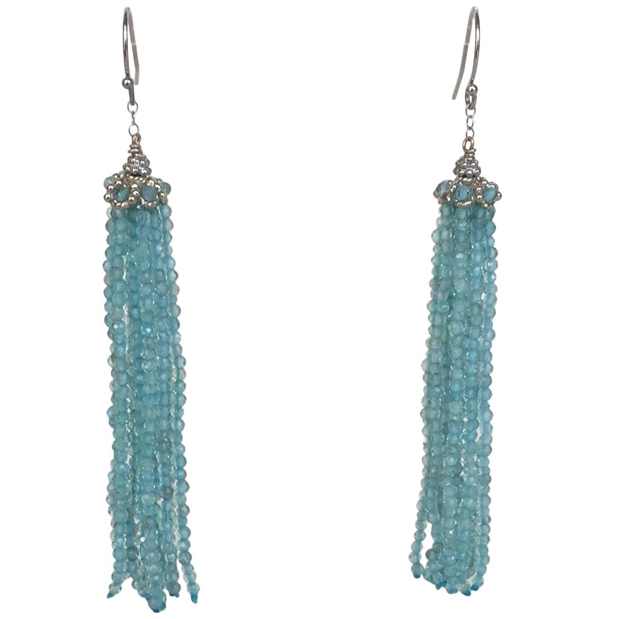 Marina J Faceted Aquamarine Tassel Earrings with 14 K White Gold Chain and Hook
