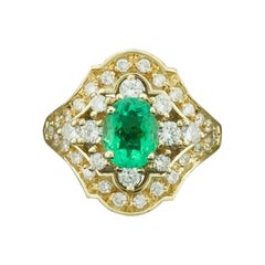 Vintage Fetching Emerald and Diamond Ring in Yellow Gold Emerald 1.35, Diamonds .90