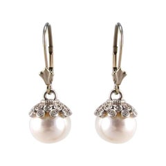 White Pearl and Diamond Earrings in 14 Karat White Gold