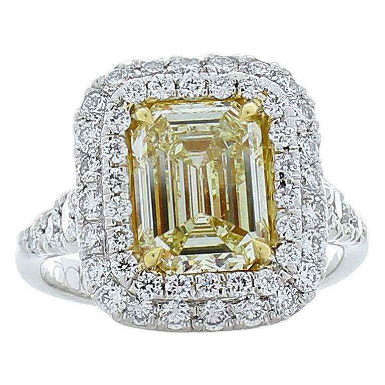  PGS Certified 2.08 Carat Emerald Cut Fancy Intense Yellow Diamond Cocktail Ring